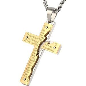 Gold Stainless Steel Jesus Christ Crucifix Cross Lord's Prayer Pendant Necklace
